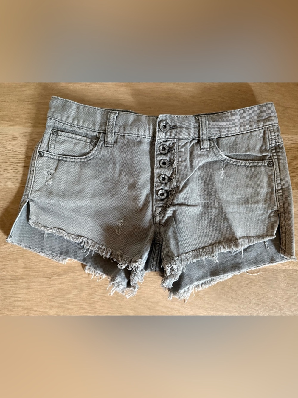Free People Distressed Button-Front Jean Shorts - Gray